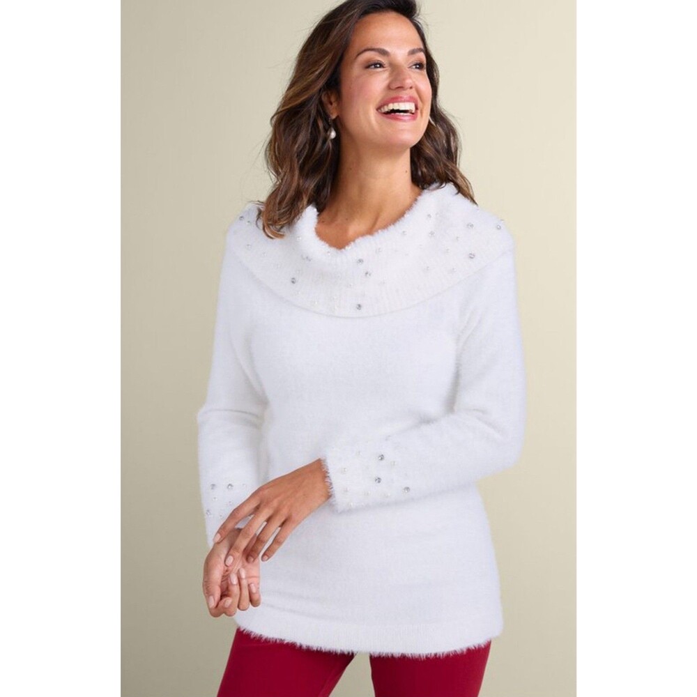 Soft Sorroundings Beaded Rhinestones Pearls Cowl Neck Sweater Women Size M Cozy